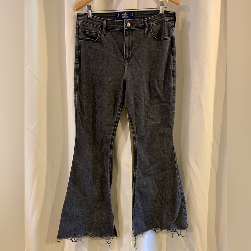 Hollister Jeans Denim High Rise Flare Washed Black Raw‎ Hem Slit Detail Cotton